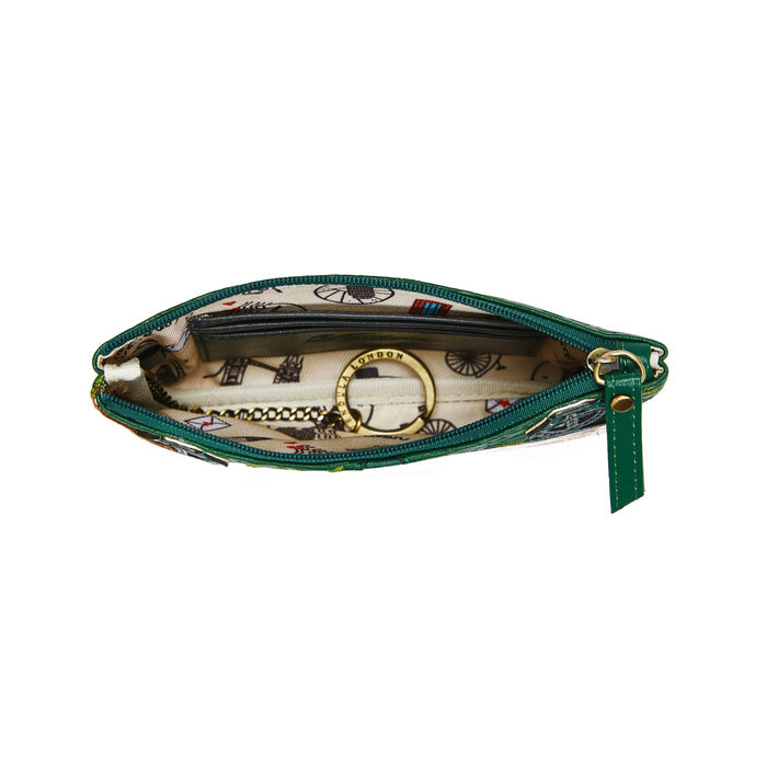 Green pouch with a patterned interior on a white background