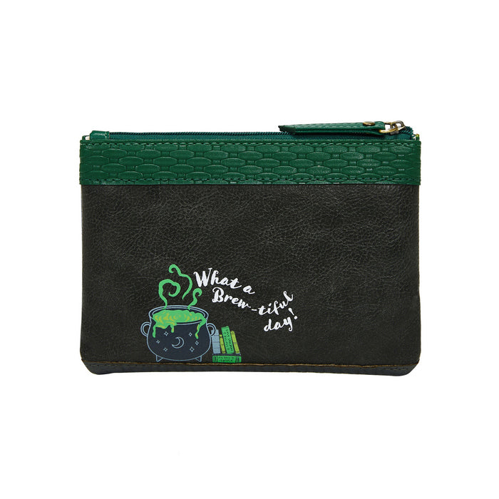 Black pouch with green zipper and embroidered text and graphics on a white background