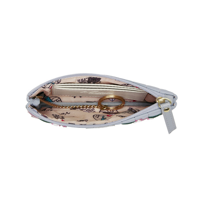 Open pouch with gold chain and strap on a white background