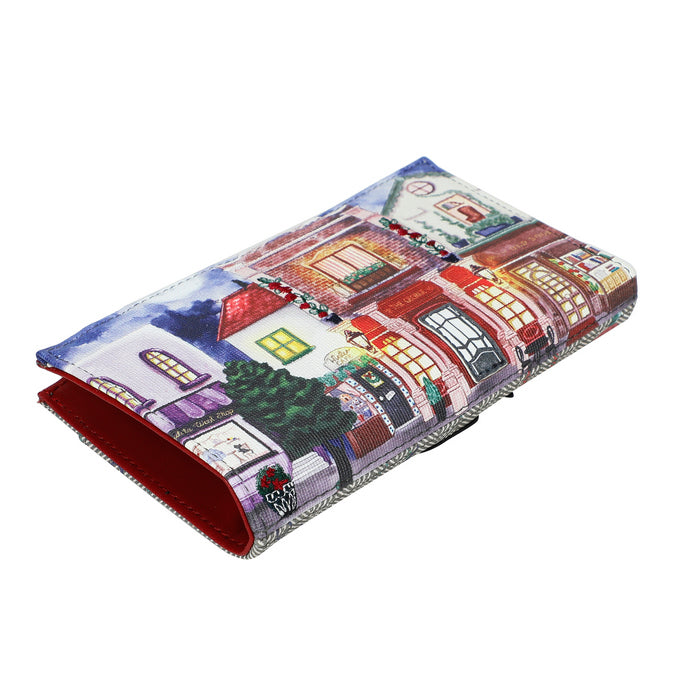 Colorful wallet with a village design on a white background