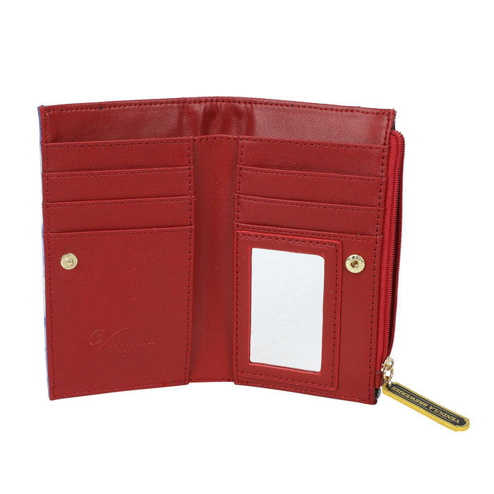 Red wallet with card slots and a zipper on a white background