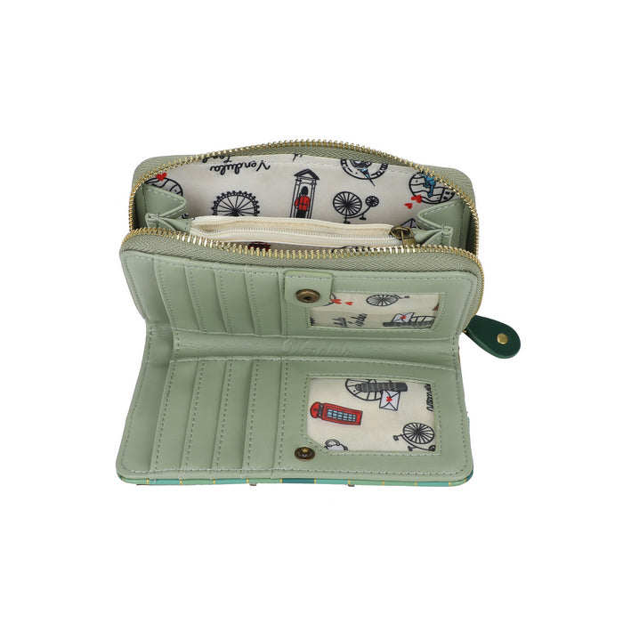 Light green wallet with patterned interior on a white background