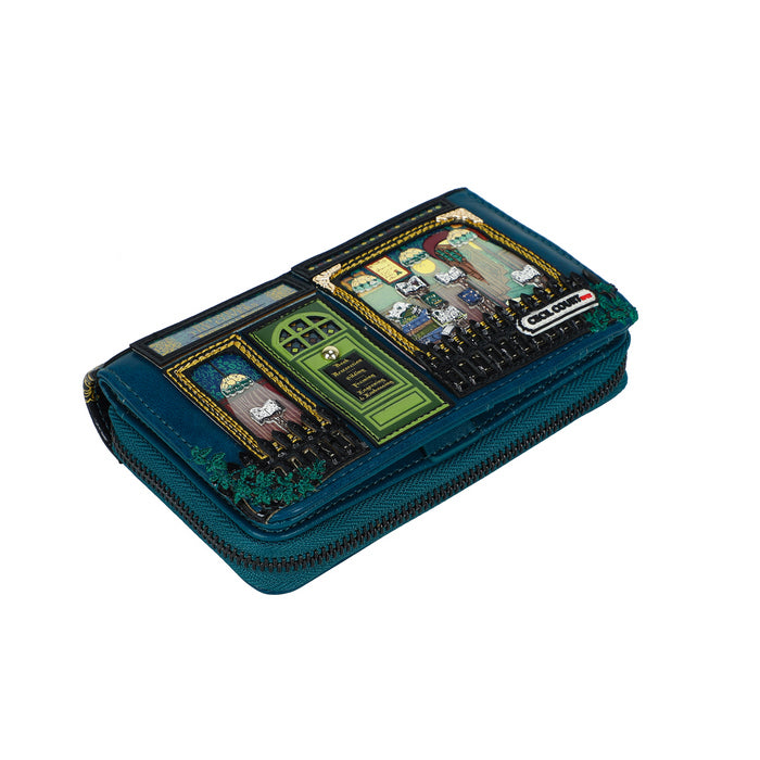 Blue wallet with colorful designs on a white background