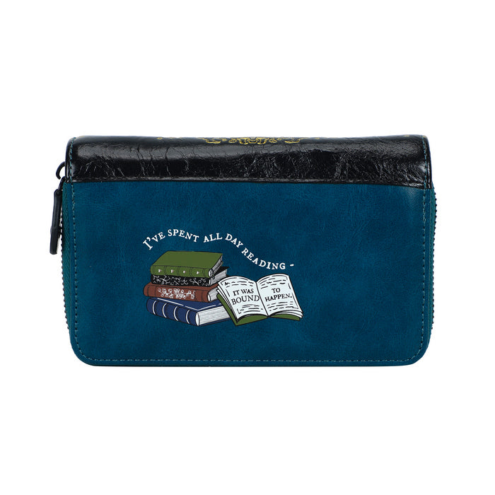 Blue wallet with book design and text on a white background