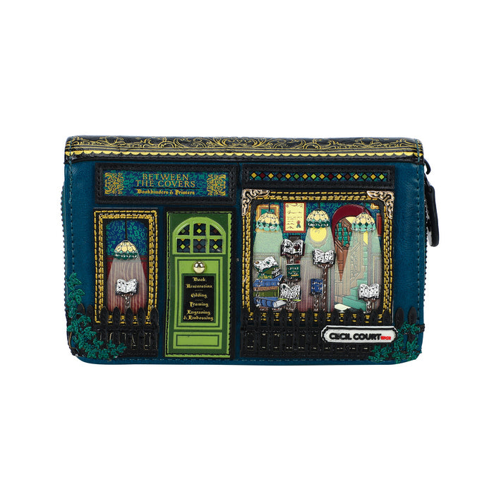 Wristlet with book-themed design on a white background
