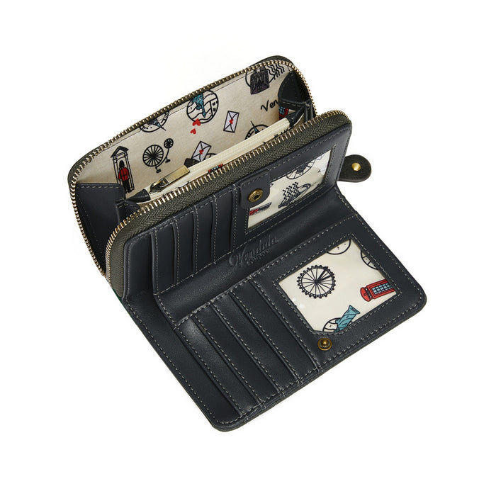Black wallet with patterned interior on a white background