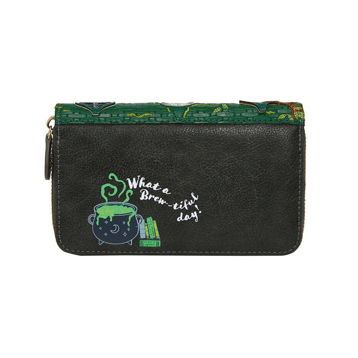 Black pouch with green and white design and text on a white background