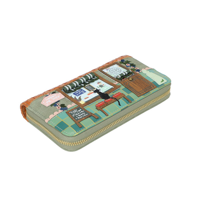Zipper case with illustrated scenes on a white background