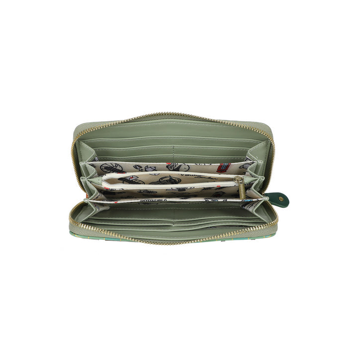 Green wallet with card slots on a white background