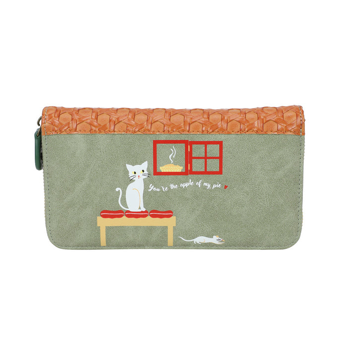 Fabric pouch with cat design and text on a white background