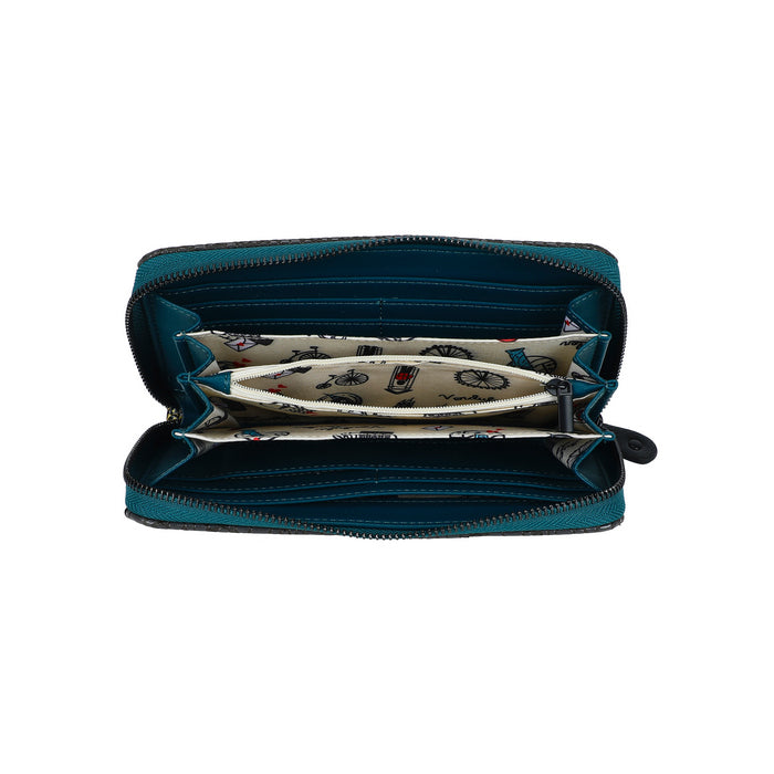 Open teal wallet with floral interior on a white background