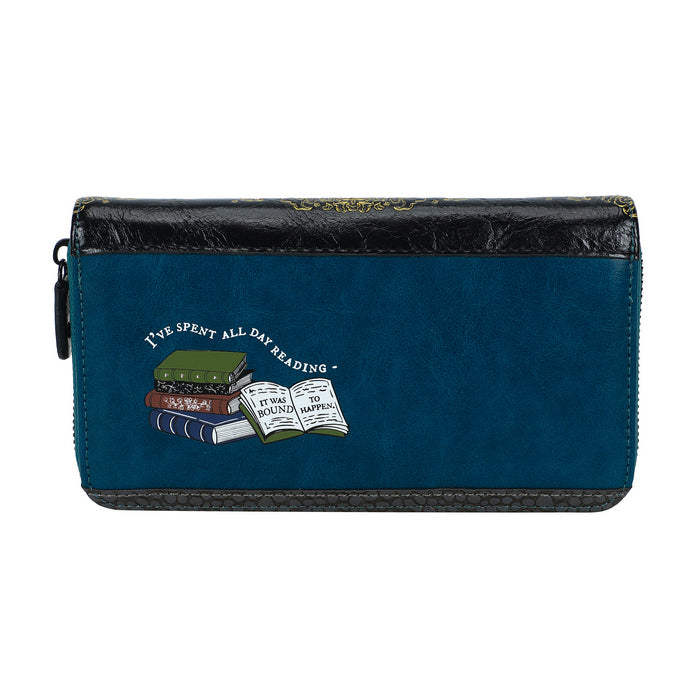 Blue wallet with book-themed design and text on a white background