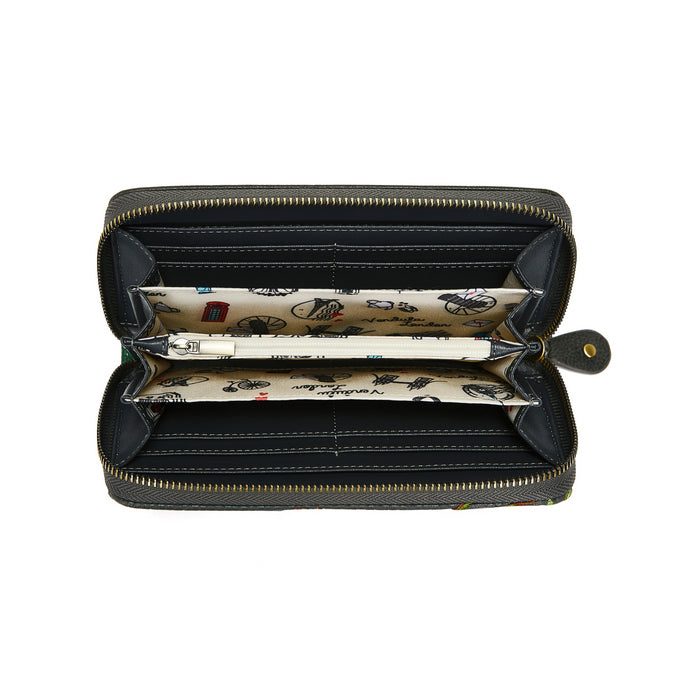 Black wallet with a patterned interior on a white background