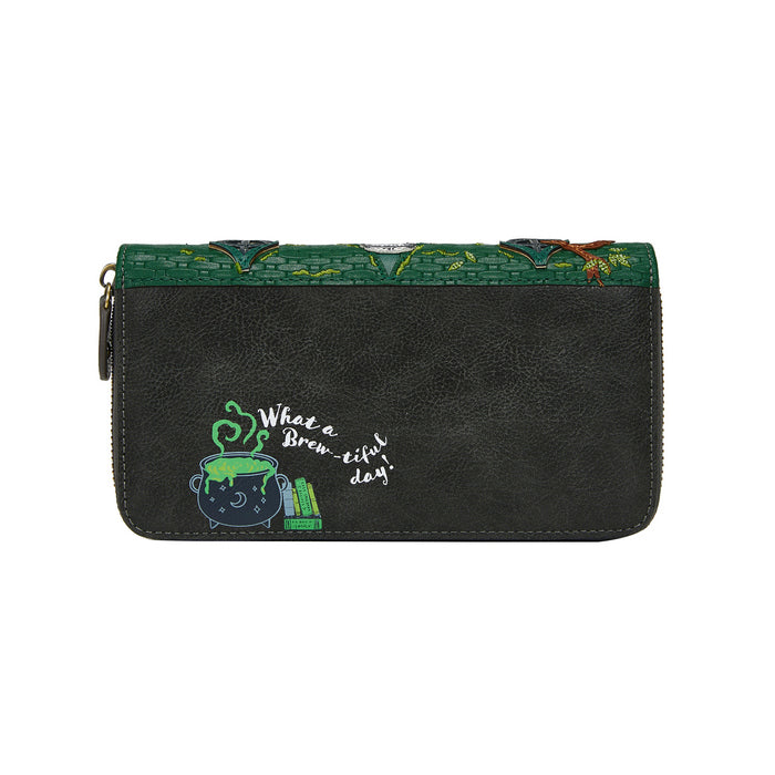 Black wallet with green and white text and design on a white background