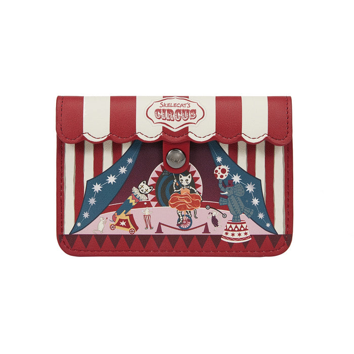 Red and white striped wallet with circus design on a white background