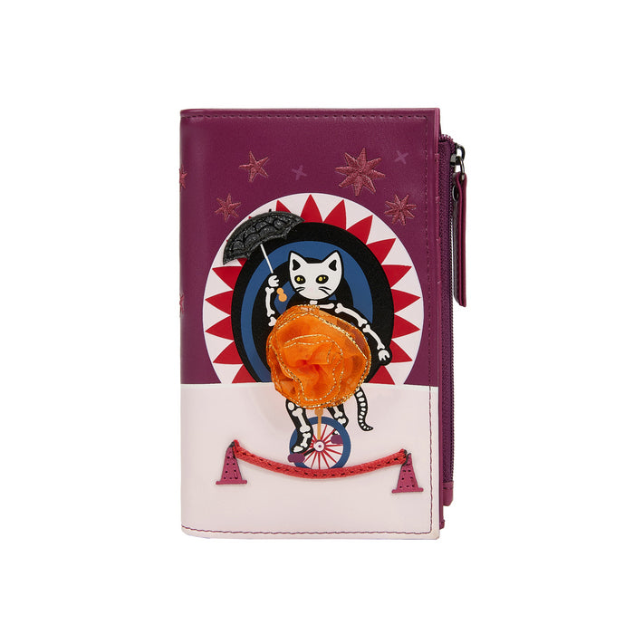 Purple wallet with a cat and orange jellyfish design on a white background