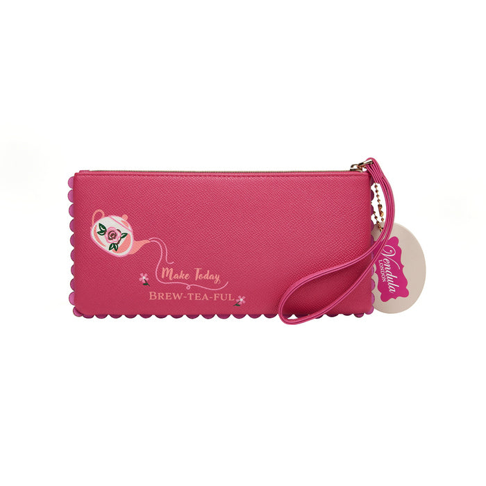 Pink wristlet with text and a tag on a white background
