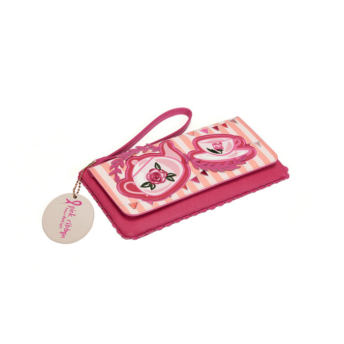 Pink wallet with tea cup design on a white background