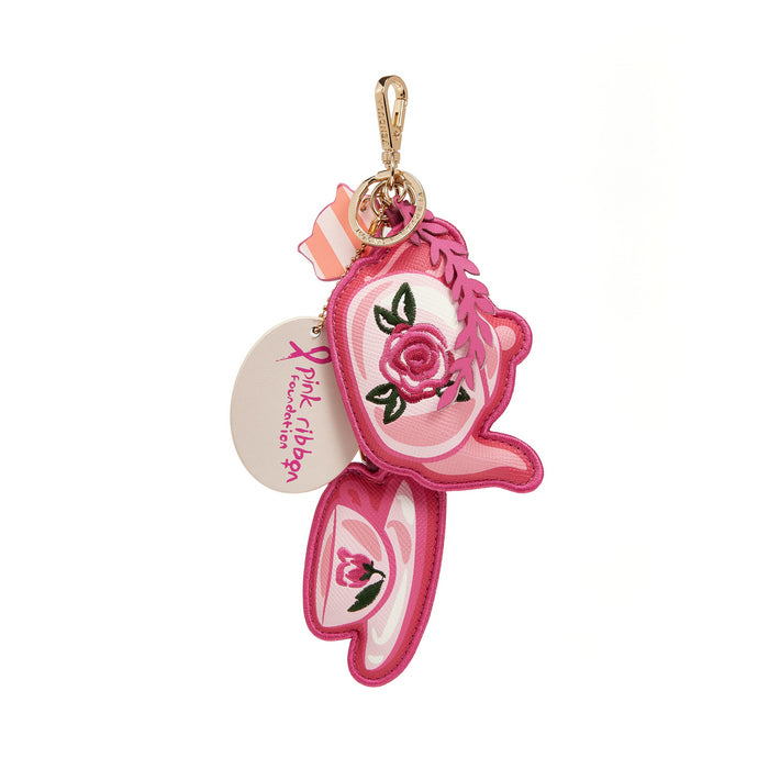 Pink keychain with floral design and 'Pink Ribbon' tag on a white background