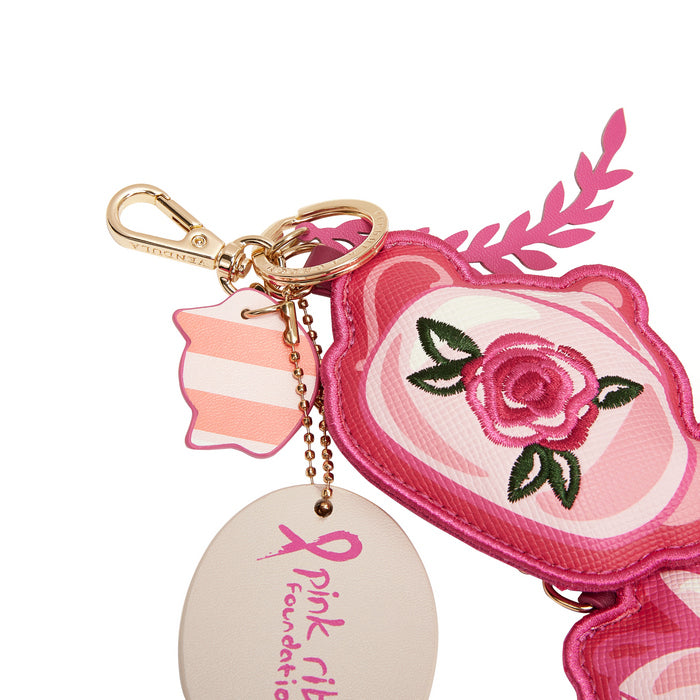 Pink keychain with rose design and 'Pink Ribbon Foundation' tag on a white background