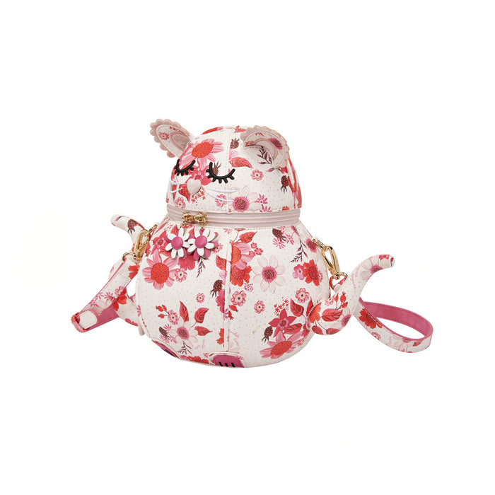 Floral-patterned teapot-shaped bag with a strap on a white background