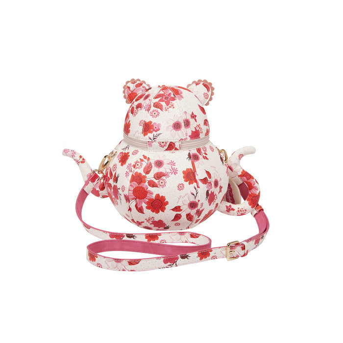 Floral-patterned teapot-shaped bag with a leash on a white background