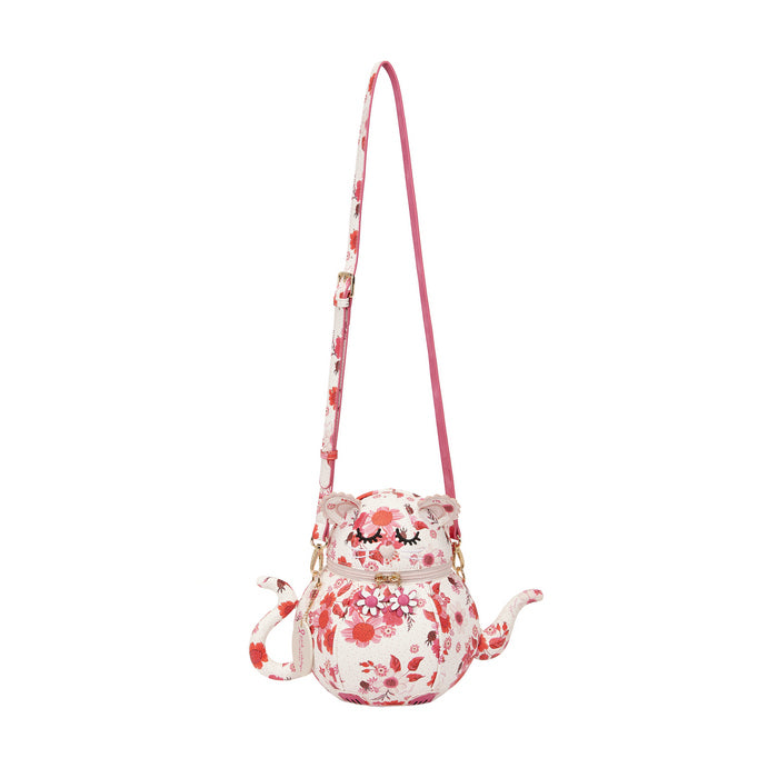 Floral teapot-shaped handbag with a strap on a white background