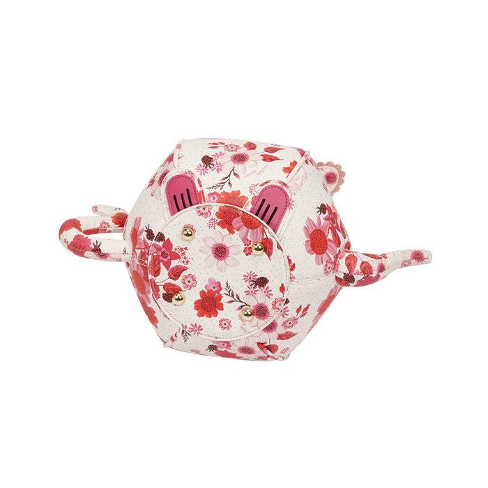 Floral-patterned mouse-shaped container on a white background