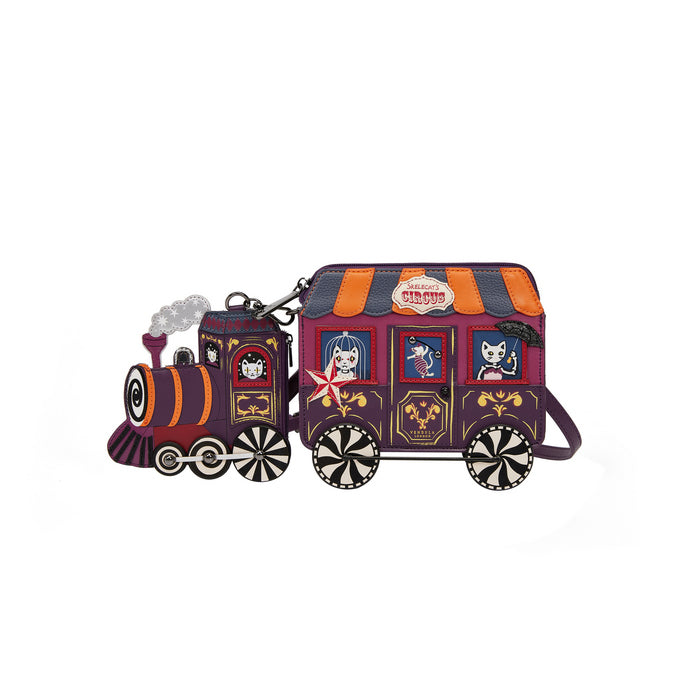 Circus-themed train-shaped bag with a purple and orange design on a white background