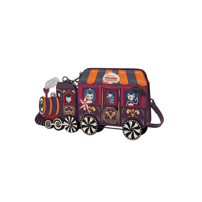 Circus-themed train-shaped bag with colorful design on a white background