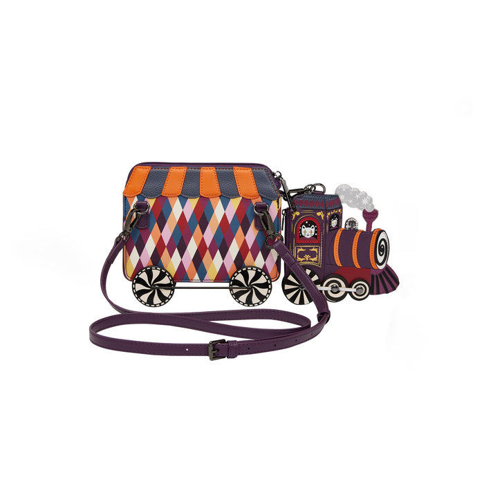 Colorful train-shaped handbag with a patterned body and purple strap on a white background
