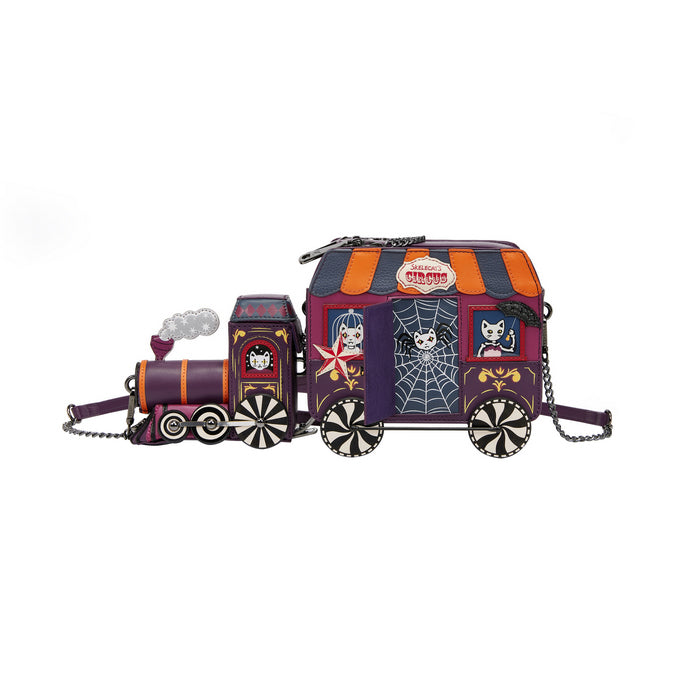 Circus-themed train-shaped bag with colorful design on a white background