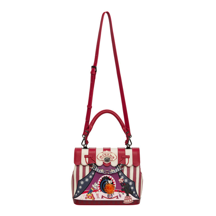 Handbag with red and white striped design on a white background