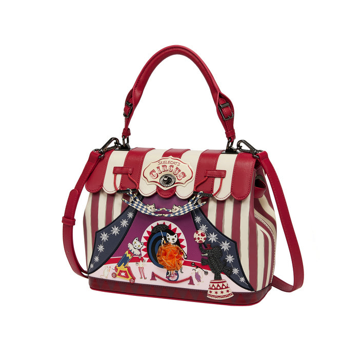 Red and white striped handbag with circus-themed design on a white background