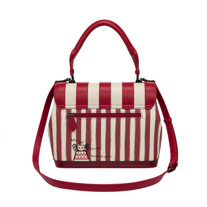 Red and white striped handbag with a visible brand logo on a white background