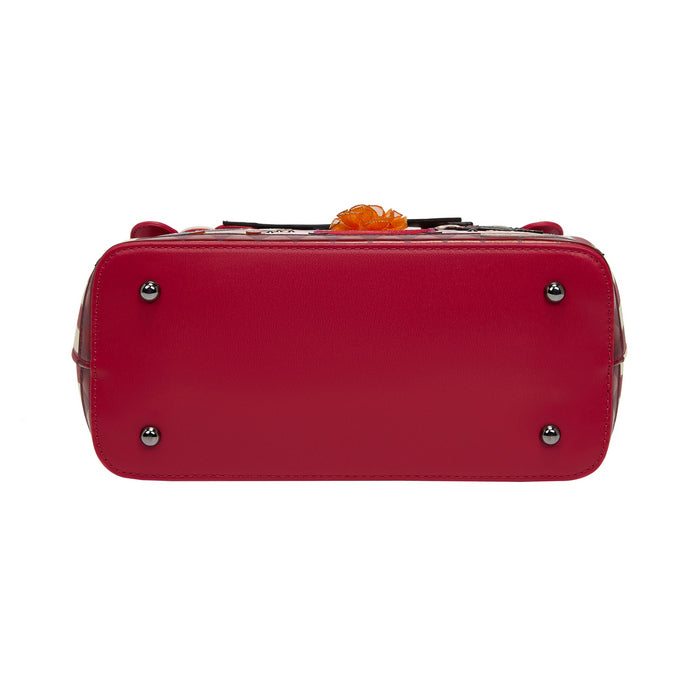 Red suitcase with a floral design on a white background