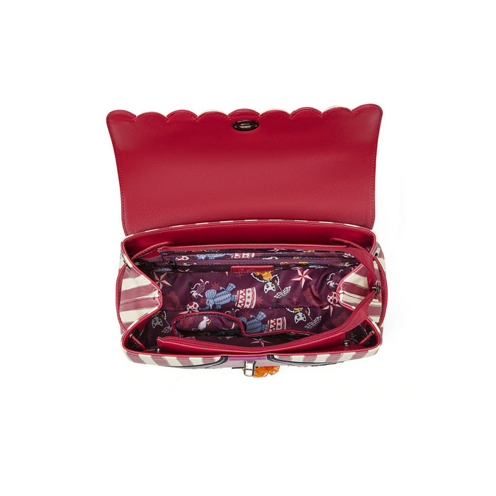 Red scalloped-handled bag with a patterned interior on a white background