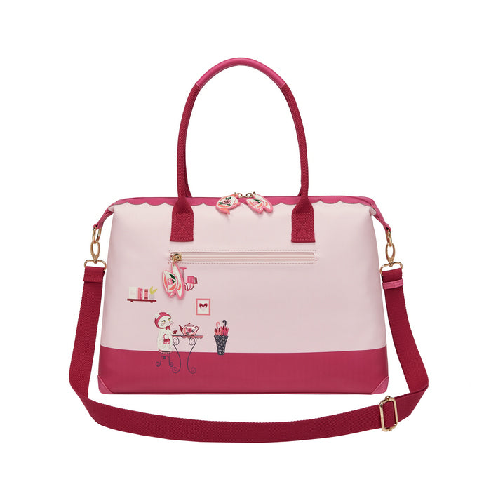 Pink and white handbag with decorative elements on a white background