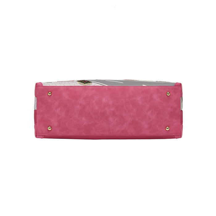 Pink handbag with gold accents on a white background
