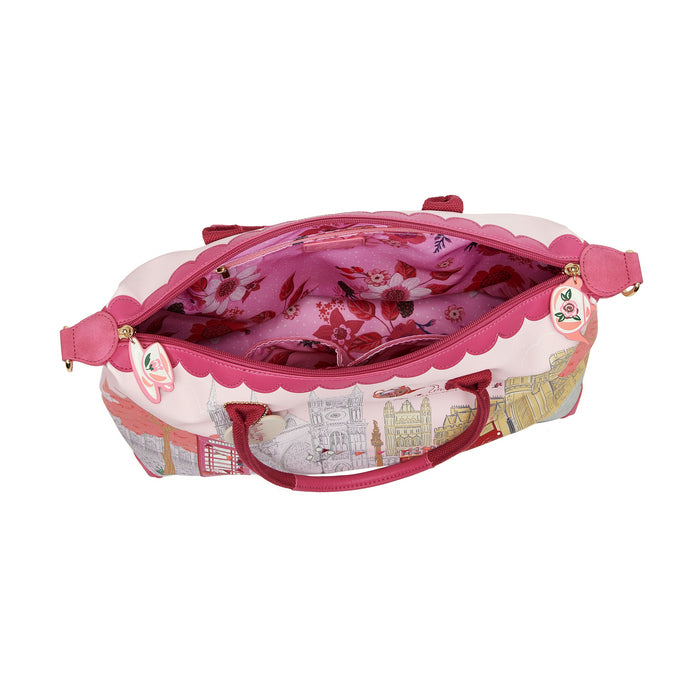 Pink and white bag with floral interior on a white background