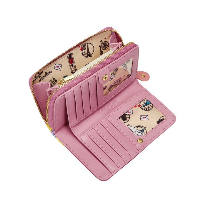 Pink wallet with cartoon character design on a white background