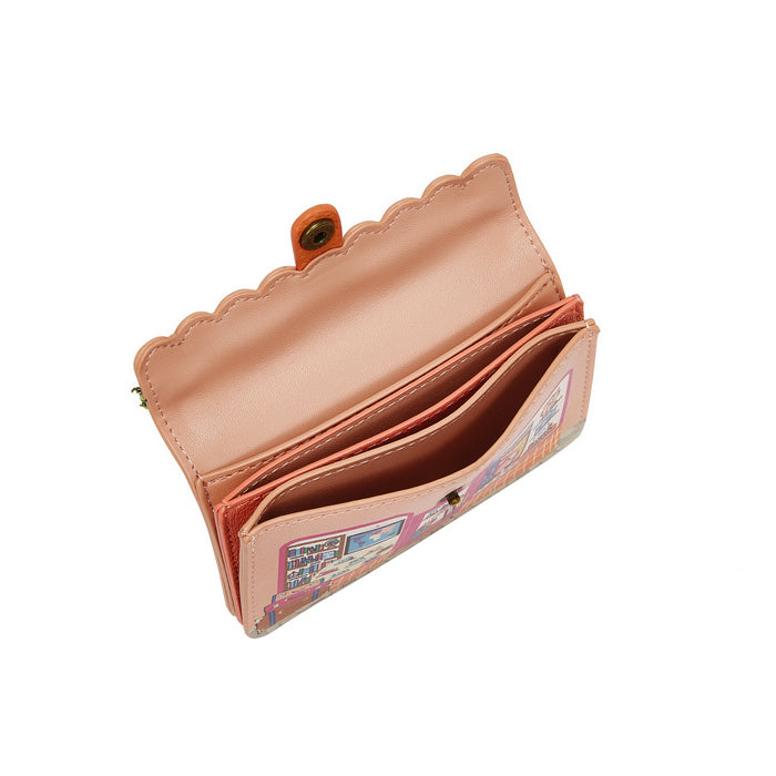 Open pink wallet with scalloped edge on a white background