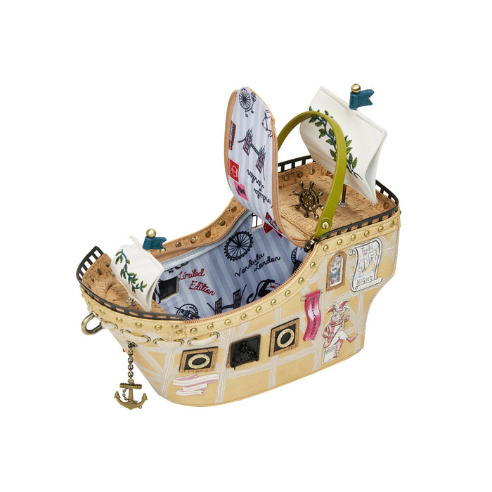 Decorative ship model with open hatch on a white background