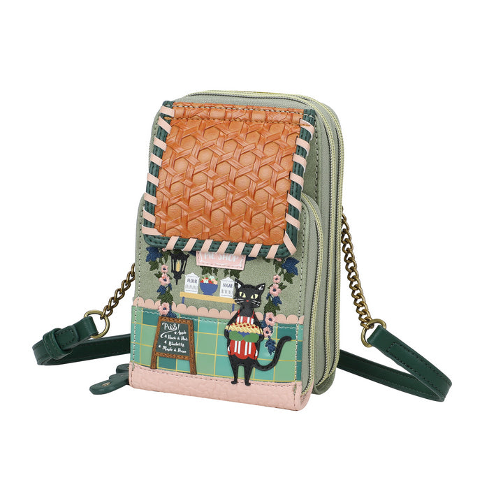 Multicolored crossbody bag with a cat design on a white background