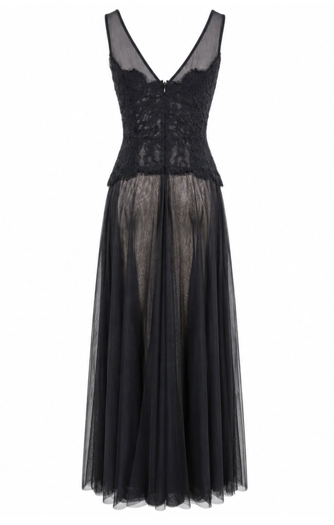 Black lace dress with sheer overlay on a white background