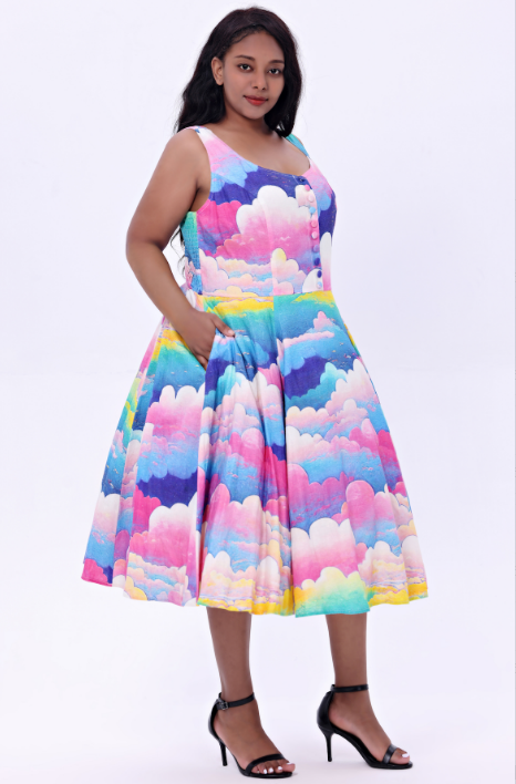 Heidi | Rainbow Clouds | Linen Fit & Flare Dress With Pockets