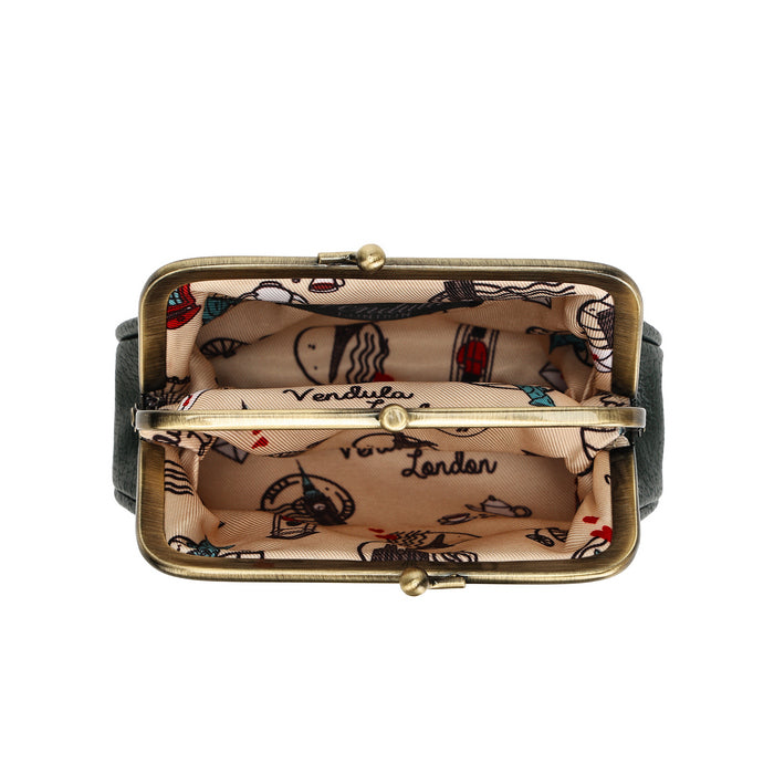 An open vintage-style kiss-lock clutch bag with a dark gray fabric exterior, antique bronze metal frame, and a beige printed interior lining featuring illustrations and the words 'Venetian' and 'Londres'.