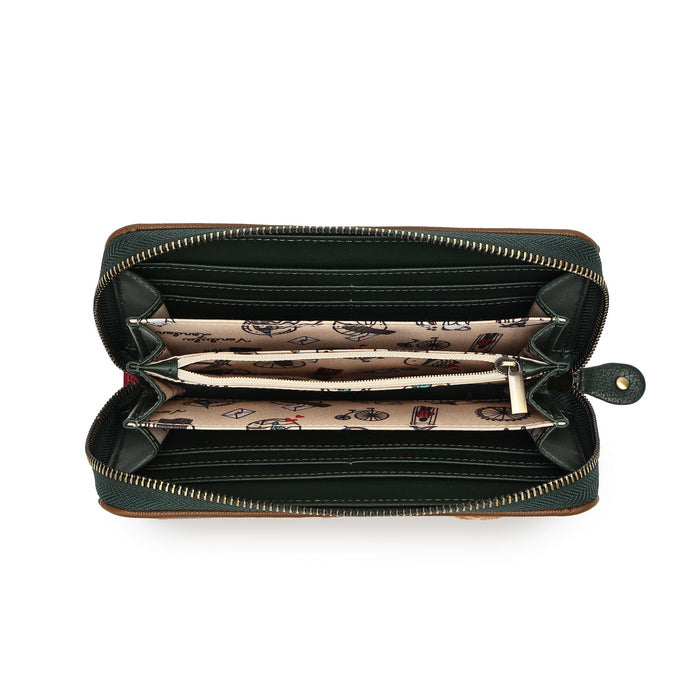 An open dark green leather zip-around wallet with multiple interior card slots, a patterned beige paper insert, and gold-tone zippers, shown on a plain white background.