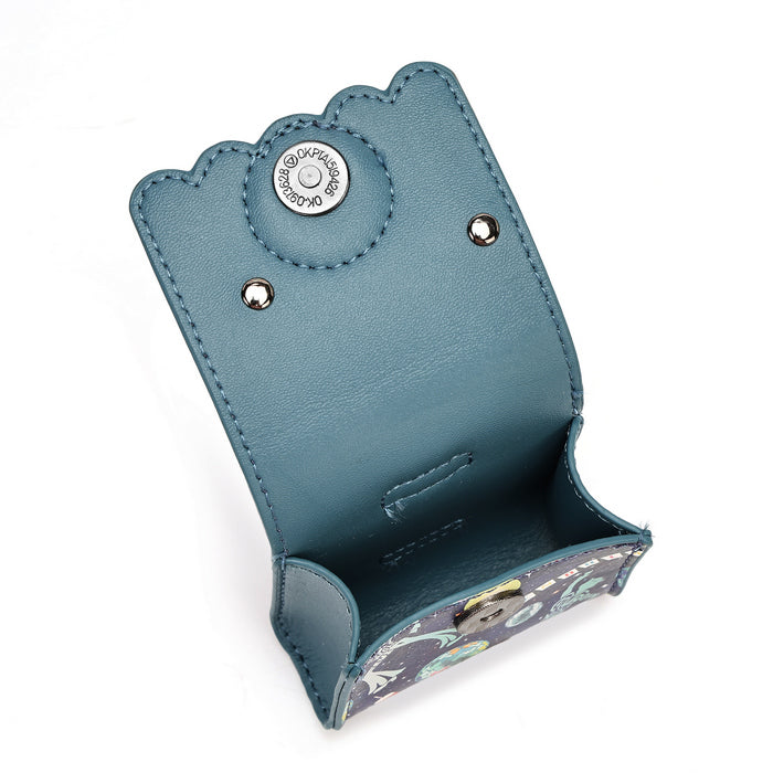 A teal blue faux leather phone pouch with a scalloped top edge, silver snap button, and a colorful floral patterned bottom flap, shown open on a white background.