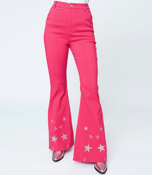 These sensational 1970s style bell bottoms are crafted in a bright pink bengaline stretch with contrast seaming and glittery stars on the flare legs. The banded high waist is cinched with a front zipper and button, outfitted with side and back pockets for modern function!